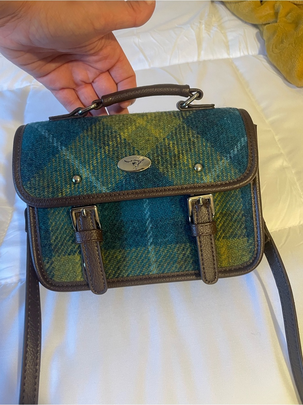 Plaid Wool-Blend Messenger Bag in Teal and Olive with Brown Trim